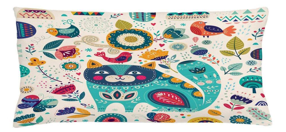 5484 Cat Throw Pillow Cushion Cover, Cat with Birds Flower Leaf Trees